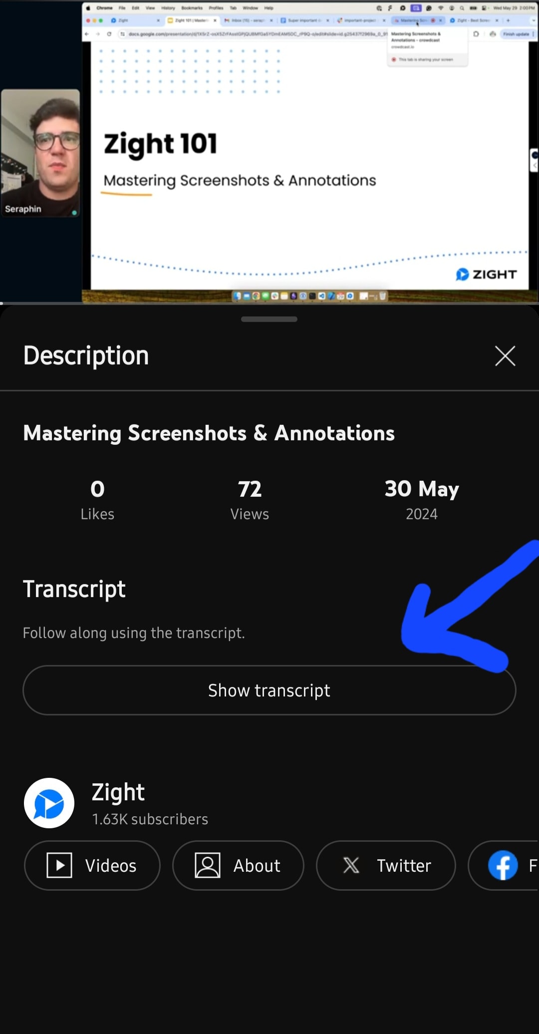 YouTube transcript from the phone