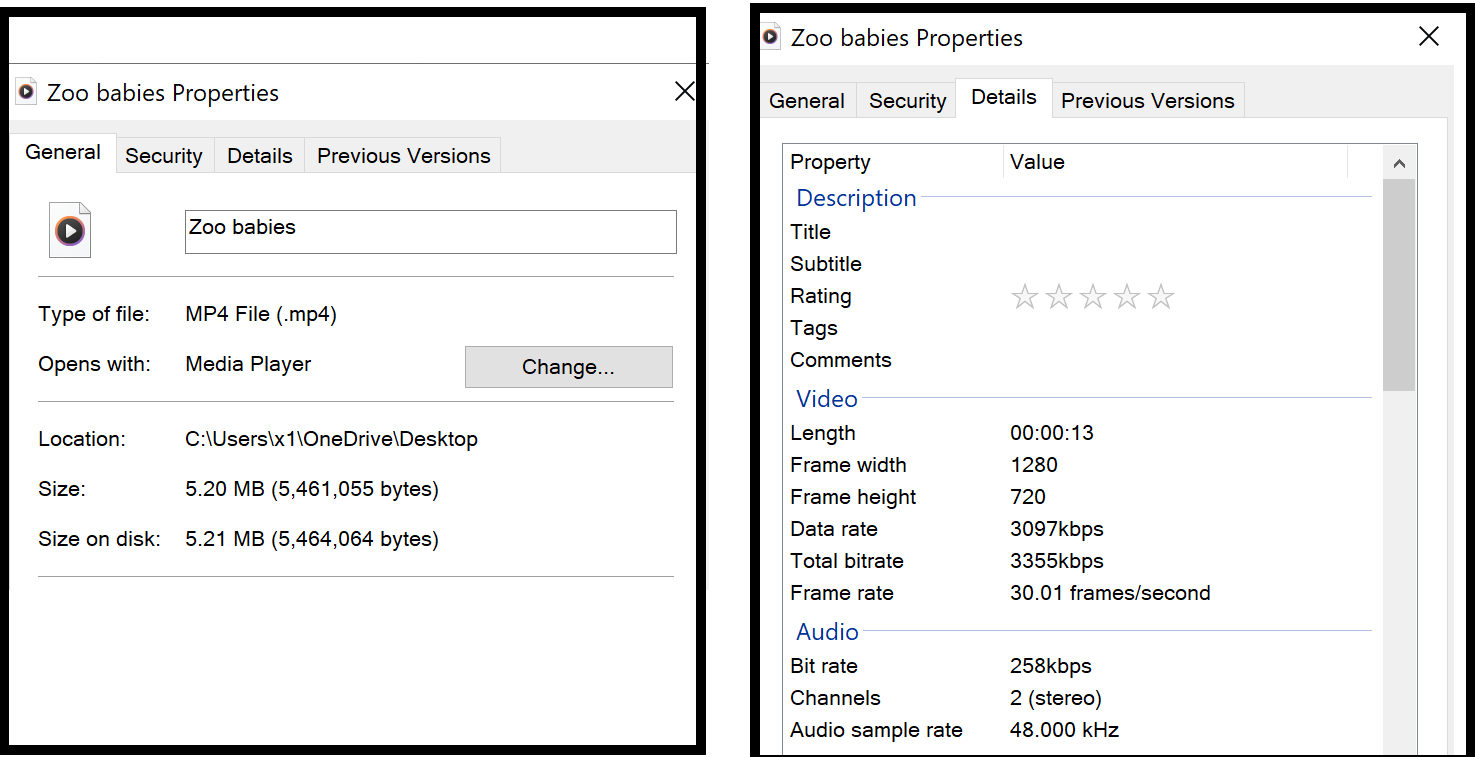 Example of a video file size