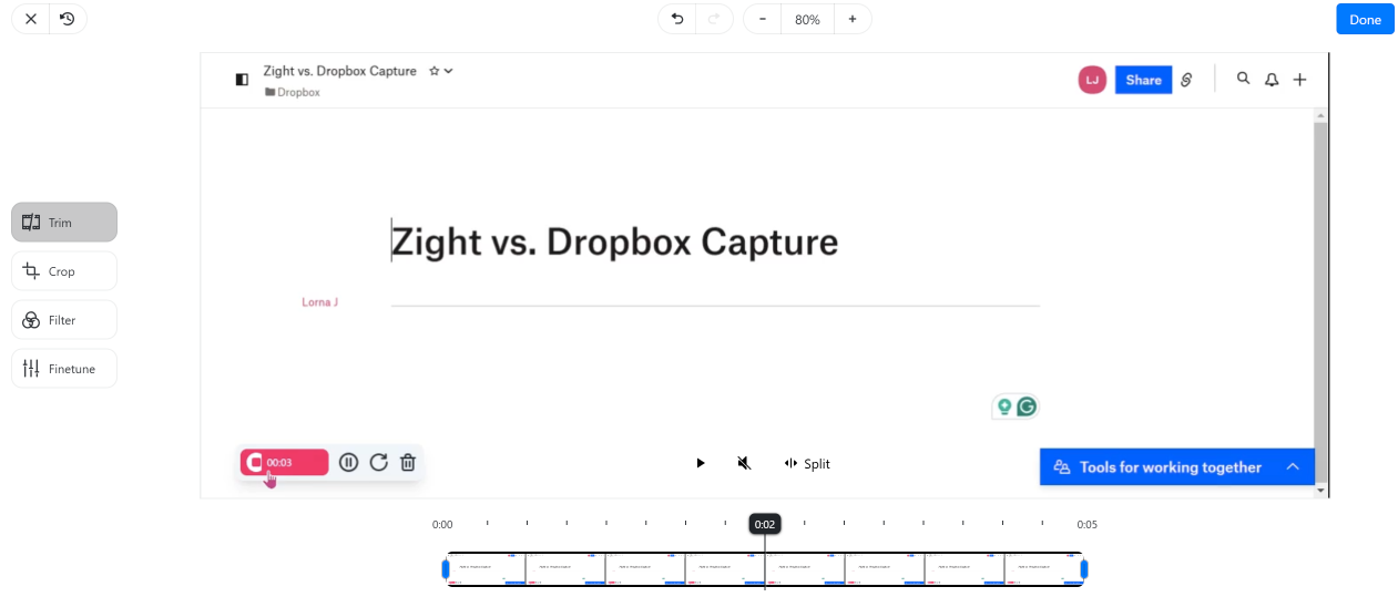 Video editing features on Zight