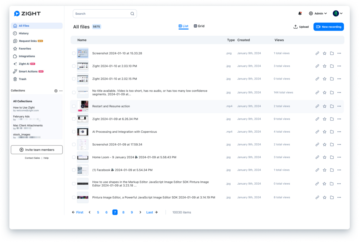 Zight dashboard